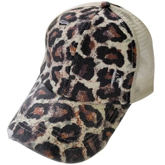 Leopard Distressed Ponytail Baseball Hat - Picture 1 of 5